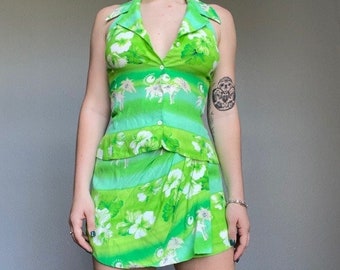 Vintage 80s Women’s Lime Green Floral Tropical Halter Top and Mini Skirt Set Sz S