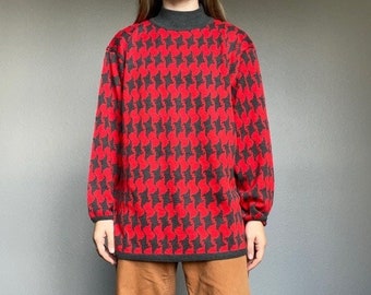 Vintage 90s Liz Claiborne Red Gray Houndstooth Wool Cashmere Blend Holiday Festive Christmas Mock Neck L