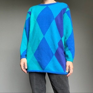 Vintage 90s Brett Harrison Knits Blue Geometric Crew Pullover Soft Lambswool Angora Blend Oversized Grandpa Sweater Sz Small