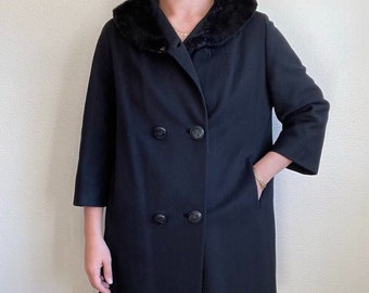 Vintage 80s Womens Fur Collar Black Wool Retro Mid Length Trench Coat Sz L
