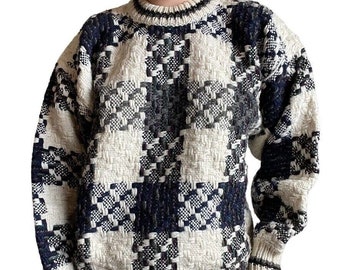 Vintage 90s Womens Hand Knit 100% Wool Chunky Plaid Sweater