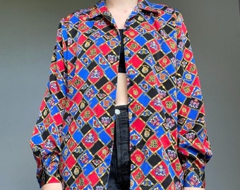 Vintage 90s Women's Pendleton Button Down Blue Red Equestrian Blouse Sz 16