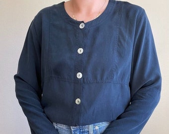 Vintage Womens 80s 100% Silk Navy Blue Minimalist Tunic Lightweight Blouse Sz M