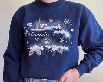 Vintage Womens 90s Navy Blue Christmas Theme Oversized Crewneck Sweatshirt Sz M