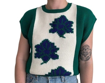 Vintage 80s Green Blue Floral Hand Knit Chunky Preppy Grandma Sweater Vest Sz M