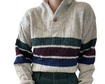 Vintage 1990s Unisex Wool Striped Preppy Oversized Cowl Neck Henley Sweater Sz L