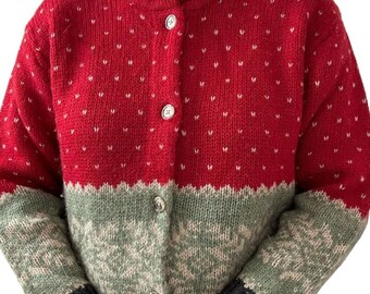 Vintage 1990s Eddie Bauer Womens Red Green Striped Alpaca Wool Cardigan Sz M