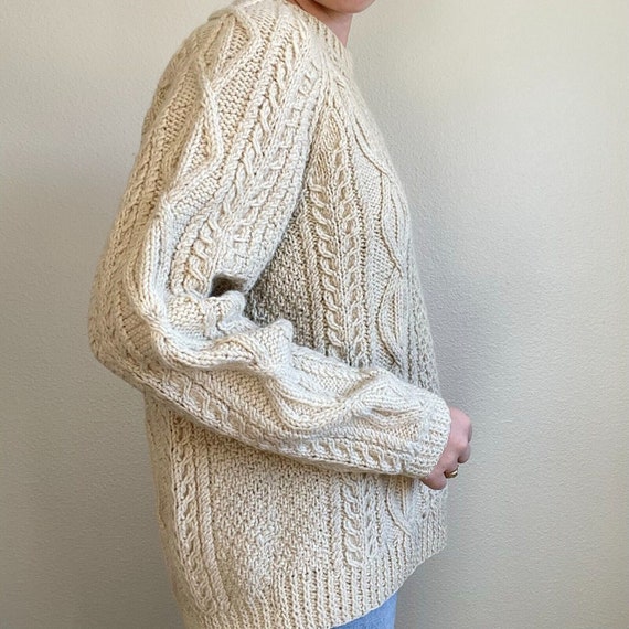 Vintage Hand Knit White 100% Wool Chunky Knit Fis… - image 8