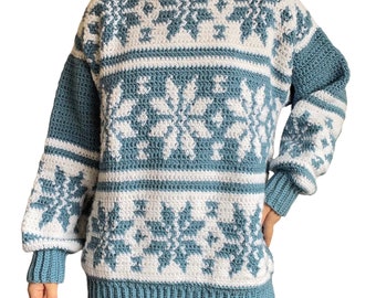 Hand Knit Womens Crochet Winter Snowflake Chunky Oversized Blue White Sweater