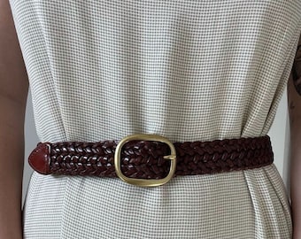 Vintage 1990s Womens Talbots Solid Brass Buckle Brown Leather Braided Belt Sz M
