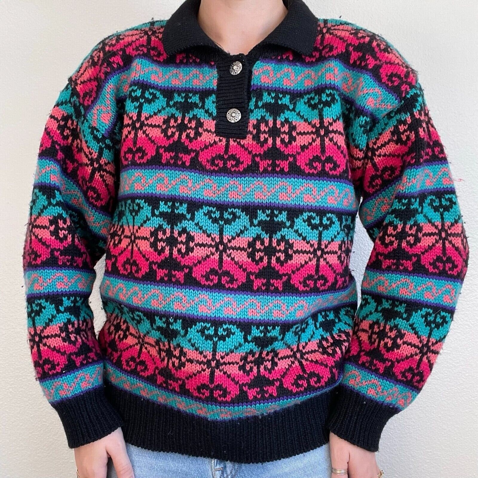 Vintage 90s Icelandic Design Rainbow Snowflake Chunky Knit Wool 