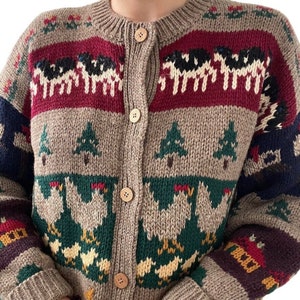 Vintage 1980s Susan Bristol Hand Knit Chunky Wool Farm Scene Cardigan Sz L image 8