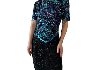 Vintage 1980s Laurence Kazar Silk Blue Beaded Sequin Embroidered Evening Dress M