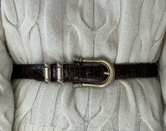 Vintage Brighton Womens Brown Leather Croc Embossed Western Hippie Belt Sz M