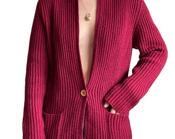 Vintage 1970s Womens Red 100% Shetland Wool Ribbed Fisherman Cardigan Sz M
