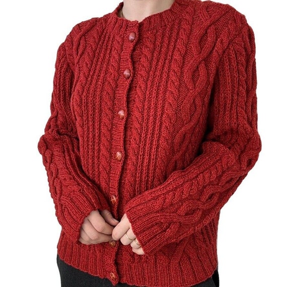Vintage Womens Red Handknit 100% Wool Irish Cable… - image 2