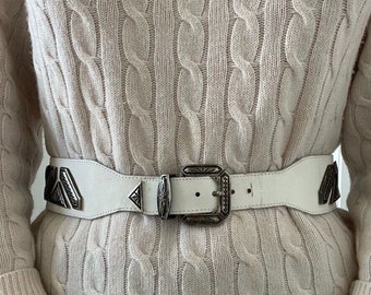 Vintage Womens White Leather Wide Silver Studded Retro Waist Belt Made in France