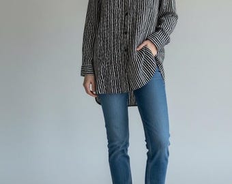 Chloe Womens Black White Striped Hippy Long Sleeve Blouse Button Down Top Sz S