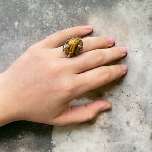 Handmade Womens Sterling Silver .925 Tigers Eye Brutalist Abstract Ring Sz 7 image 2