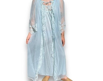 Vintage 1970s Womens Baby Blue Lace Nightgown Maxi Babydoll Slip Dress Sz M