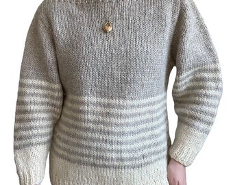 Vintage Hand Knit 100% Wool Brown White Striped Winter Boat Neck Sweater Sz M