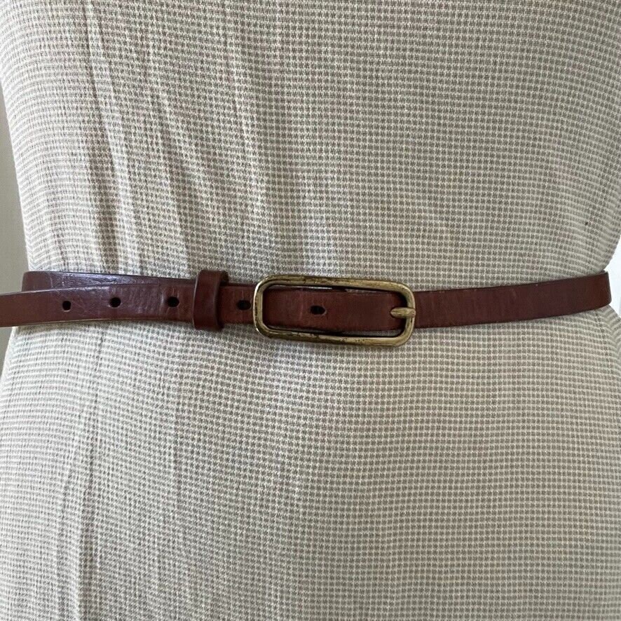 Vintage 1990s Express Brown Leather Solid Brass Buckle Skinny Dress Belt Sz S 