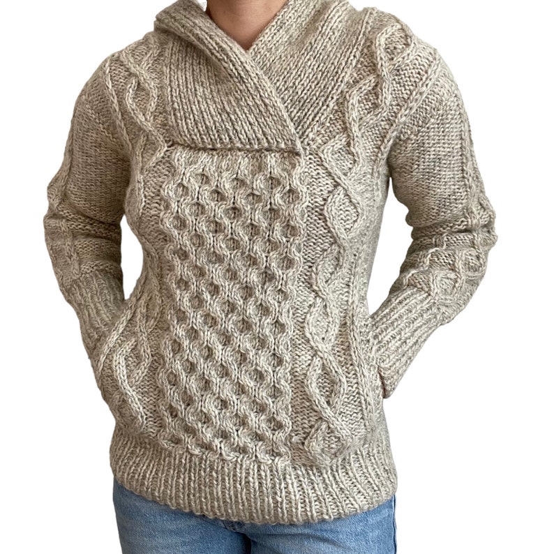 Vintage Womens Hand Knit Fisherman White Grey Chunky Wool Sweatshirt Sweater XS image 2