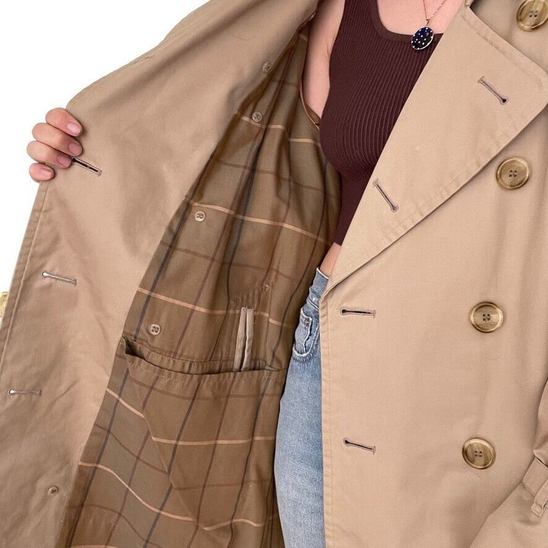 Vintage Mens Burberry Tan Khaki Beige Nova Check Long Trench Rain Coat 50 Short image 10