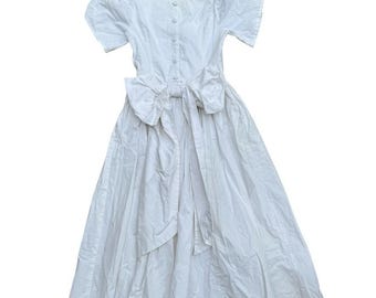 Vintage 1990s Laura Ashey White Cotton Cottagecore Bow Prairie Hippy Dress Sz 8