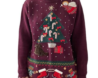 Vintage 1990s Womens Karen Scott Hand Embroidered Christmas Novelty Sweater Sz M