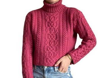 Paul James Womens Pink Wool Soft Cropped Fisherman Chunky Turtleneck Sweater