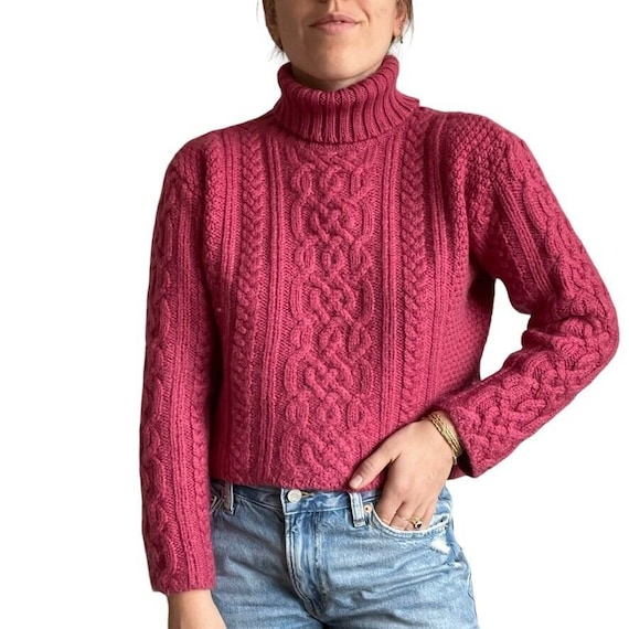 Paul James Womens Pink Wool Soft Cropped Fisherman Chunky Turtleneck Sweater Etsy