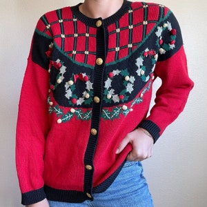 Vintage 90s Womens Norton McNaughton Red Christmas Wreath Novelty Cardigan Sz L image 6