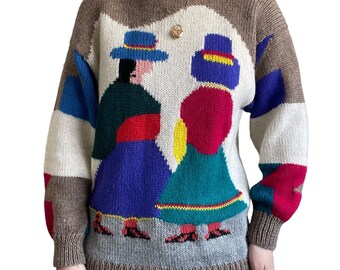 Vintage Hand Knit Peruviuan Alpaca Crewneck Oversized Rainbow Boho Sweater Sz XL
