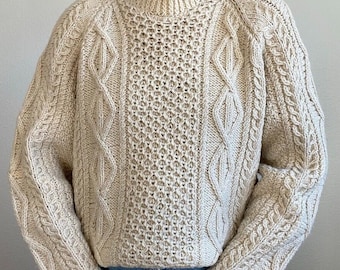 Vintage Hand Knit White 100% Wool Chunky Knit Fisherman Crewneck Sweater Sz XL