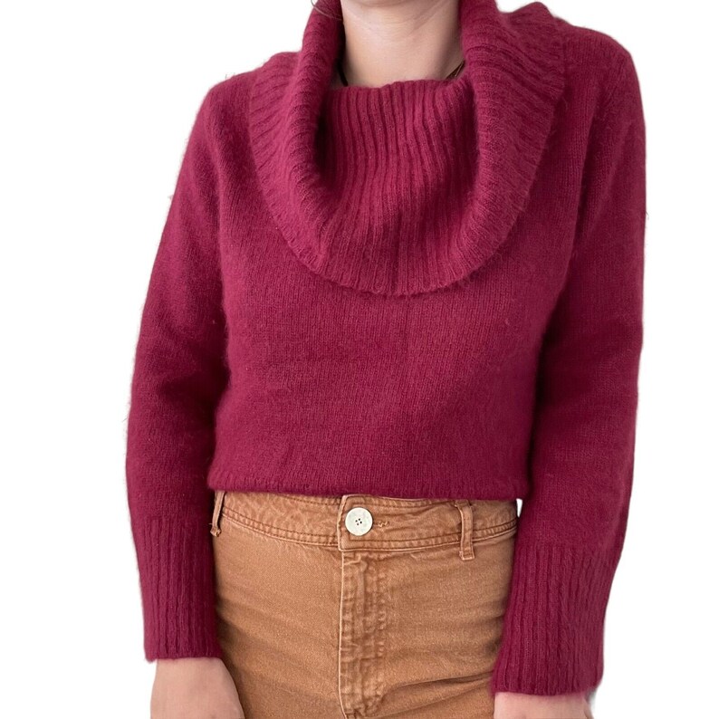 Vintage 1990s Womens Berry Red Angora Fluffy Sexy Soft Cowl Neck Sweater Sz M image 3