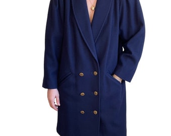 Vintage Womens J Gallery 80s Navy Blue Double Breasted Retro Trench Coat Sz M