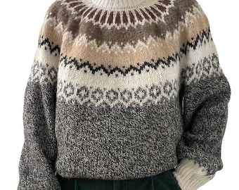 Vintage Womens Hand Knit Brown Alpaca Fair Isle Oversized Nordic Sweater Sz XL