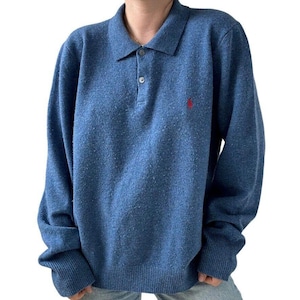 Vintage 1990s Polo Ralph Lauren Mens Blue 100% Lambs Wool Polo
