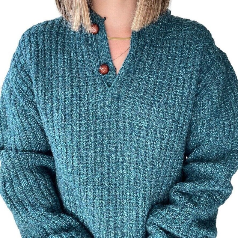 vintage années 1990 Teal Blue Wool Chunky Knit Henley Pull surdimensionné Sz L image 6