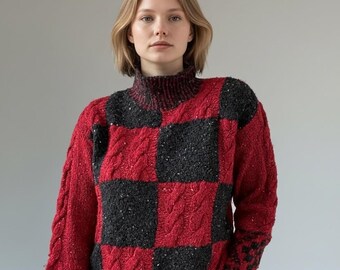 Vintage 1990s Liz Claiborne Checkered Wool Oversized Chunky Ski Sweater Sz S