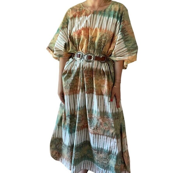 Vintage 1970s Womens Tie Dye Orange Green Hippy R… - image 3