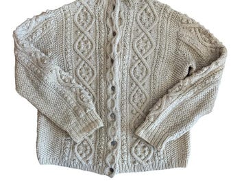 Vintage Womens Hand Knit Cream White 100% Wool Rustic Chunky Irish Cardigan Sz L