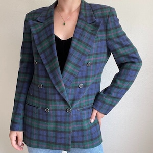 Vintage Womens 80s PBM Grunge Preppy Purple Green Camel Hair Double Breasted Blazer Plaid Sz M image 1