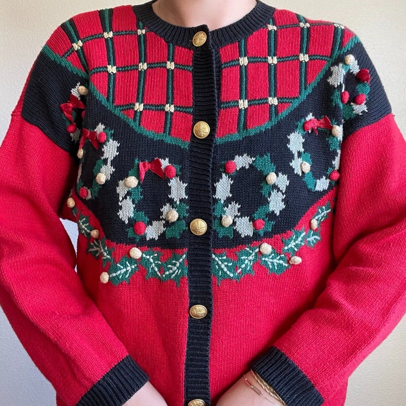 Vintage 90s Womens Norton McNaughton Red Christmas Wreath Novelty Cardigan Sz L image 3