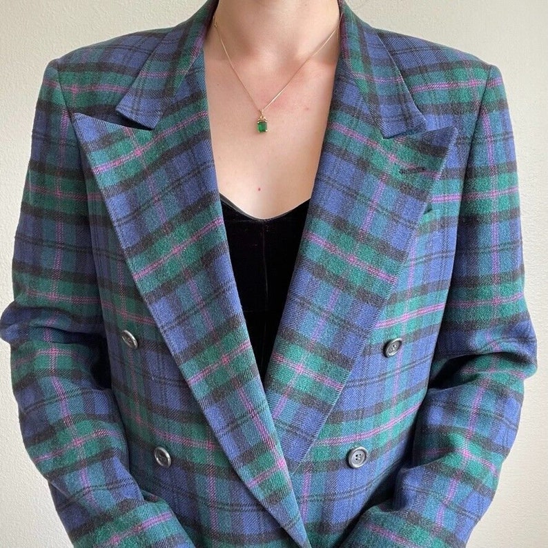 Vintage Womens 80s PBM Grunge Preppy Purple Green Camel Hair Double Breasted Blazer Plaid Sz M image 9