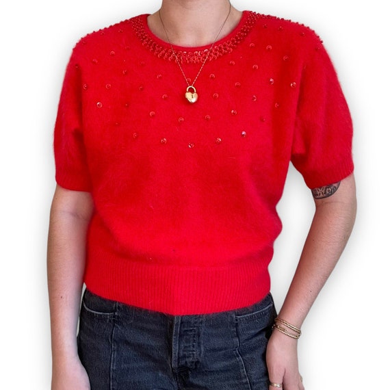 Vintage 80s Womens Red Angora Fluffy Soft Sequin H