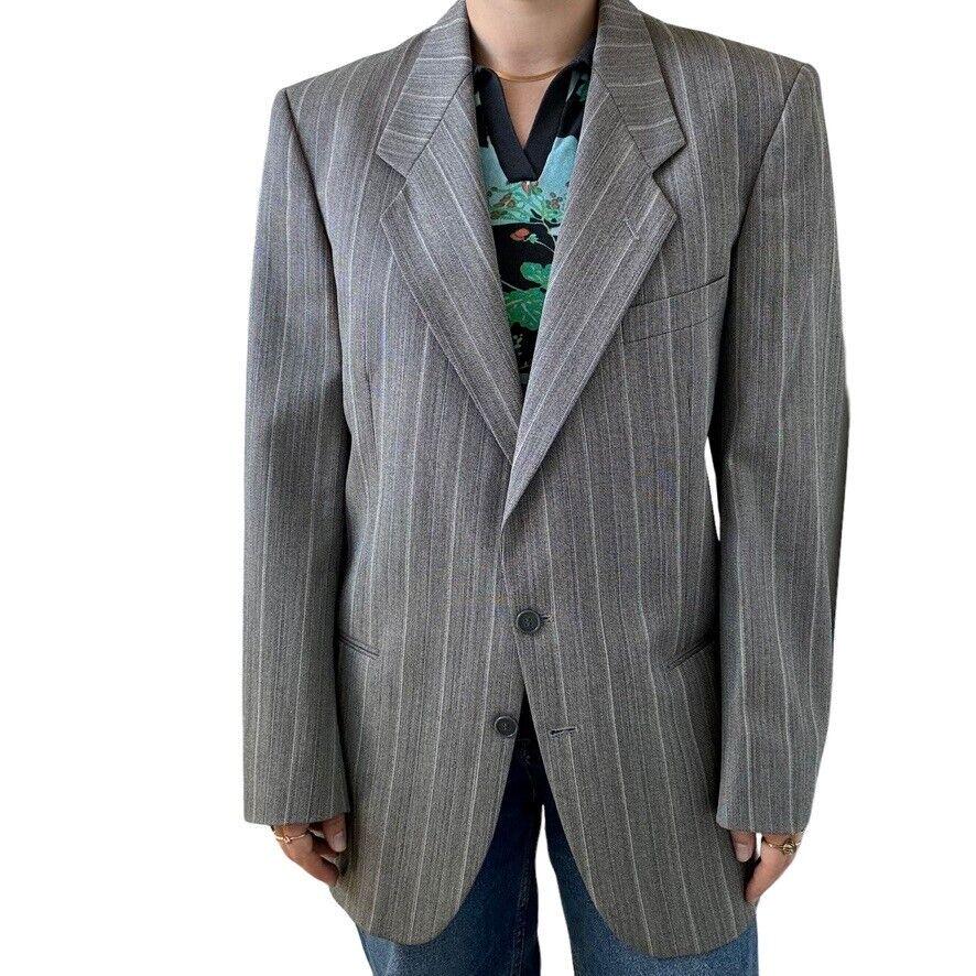 Vintage Yves Saint Laurent YSL Grey Striped Wool Preppy Sport Coat