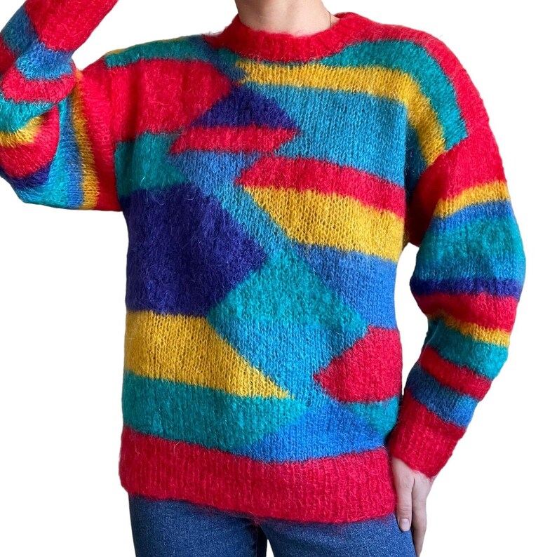 Vintage Womens Hand Knit Rainbow Mohair Fluffy Geometric Sweater Sz L image 7