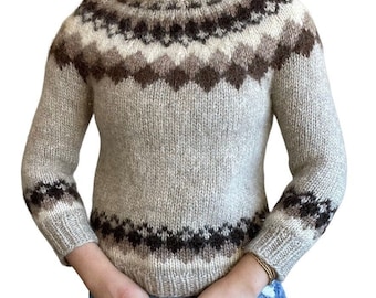 Vintage 1970s Hilda Ltd Icelandic Wool Hand Knit Brown Fair Isle Nordic Sweater